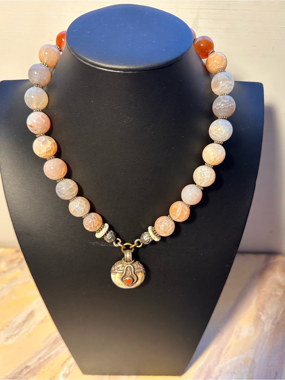 Masha Archer Handmade Peach Agate Beaded Necklace with Pendant FABULOUS piece